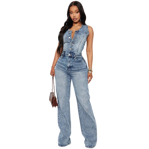 Washed Denim High Stretch Wide Leg Jumpsuit for Casual Streetwear