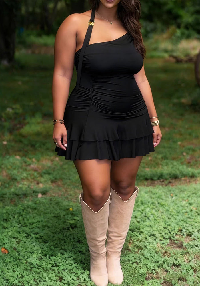 Black Halter Ruffled Cascading Dress for Evening Parties