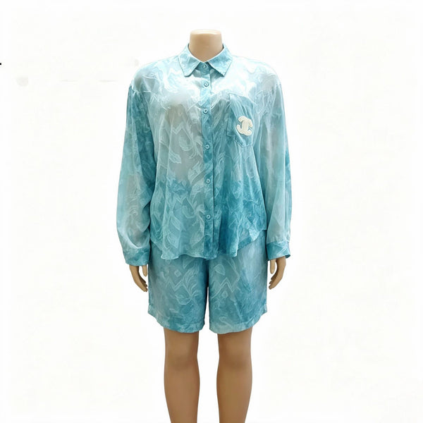 Plus Size Printed Chiffon Long Sleeve Shirt & Shorts Two-Piece Set for Summer