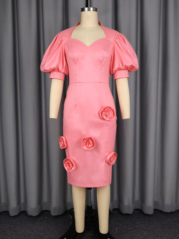 Heart Neck Lantern Sleeve Bodycon Dress for Evening Events