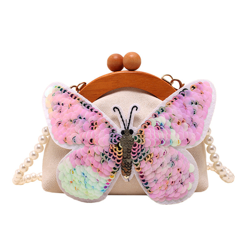 Women Pearl Chain Sequin Butterfly Shell Bag