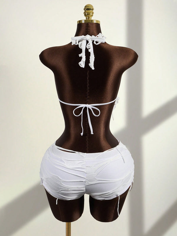 Halter Neck Lace-Up Backless Tank Top & Shorts Set for Holiday Parties