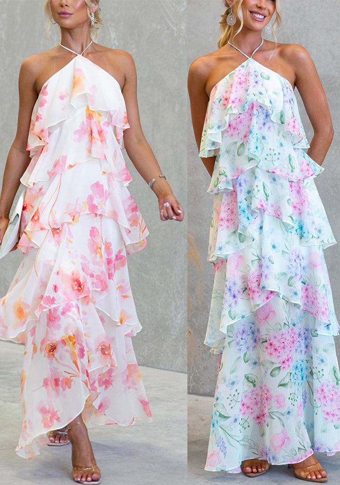 Layered Chiffon Printed Lace-Up Dress for Spring/Summer Holidays