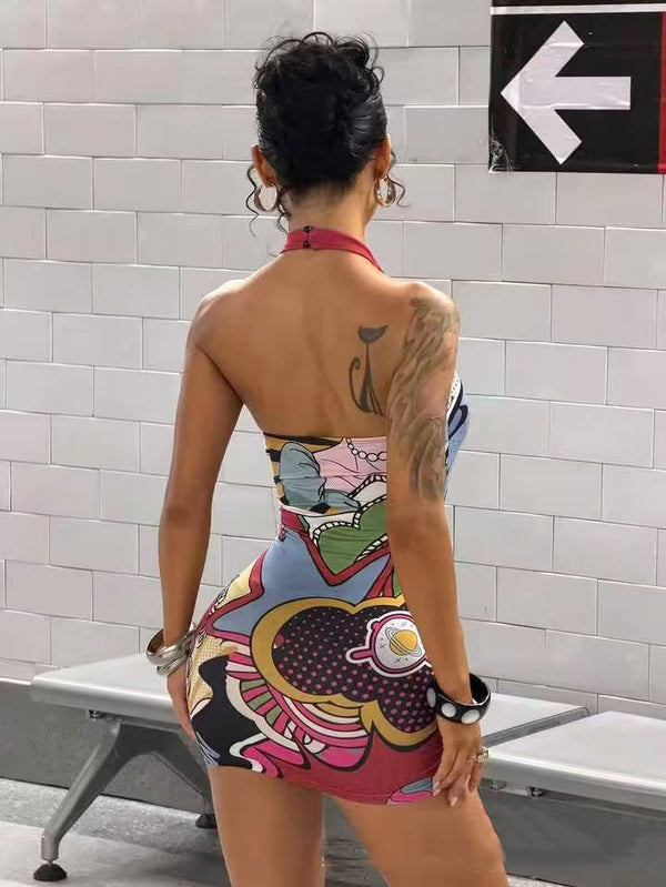 Printed Halter Backless Stretchy Bodycon Dress for Casual Streetwear