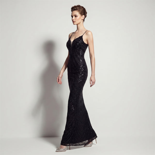 V-Neck Sequin Lace-Up Evening Gown for Formal Parties