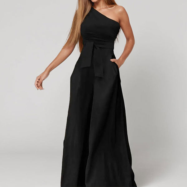 Slash Shoulder Tie Waist Wide Leg Jumpsuit for Spring Events
