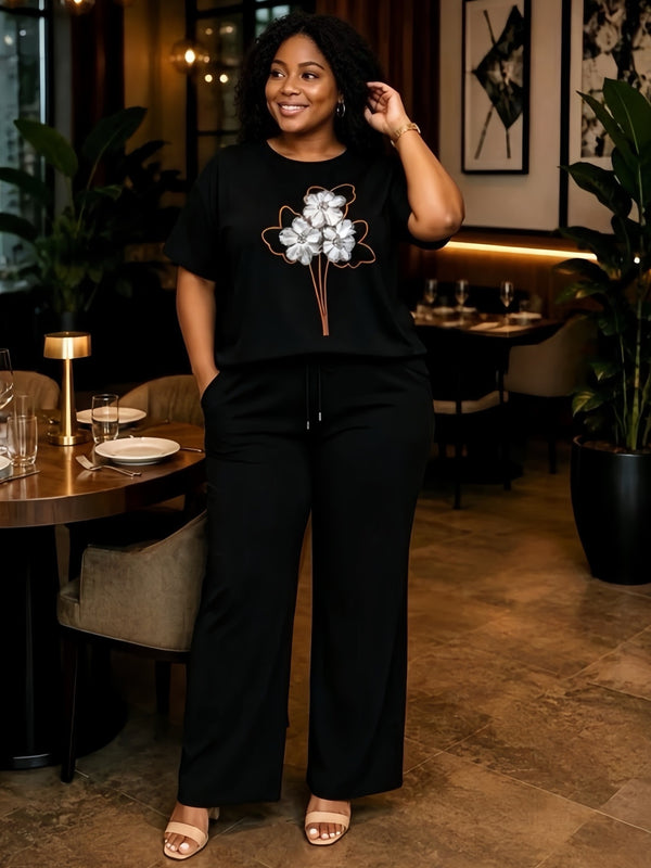 Plus Size Beaded Flower Print Short-Sleeve Drawstring Wide-Leg Pants Set