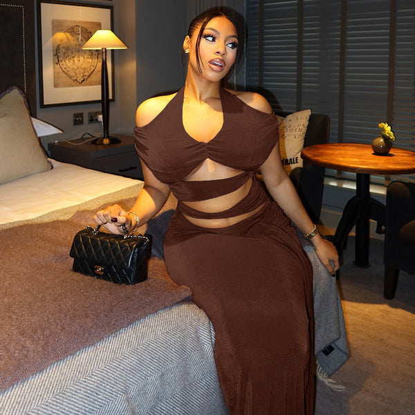 Solid Cut-Out Lace-Up Halter Neck Bodycon Dress for Party Wear