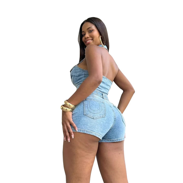 Slim Fit Sleeveless Washed Denim Romper for Summer Streetwear
