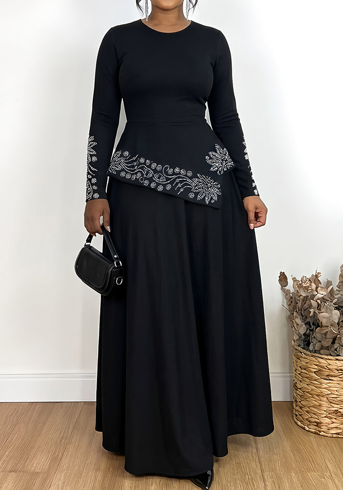Women Long-Sleeve Elegant Casual Rhinestone Round Neck Dress