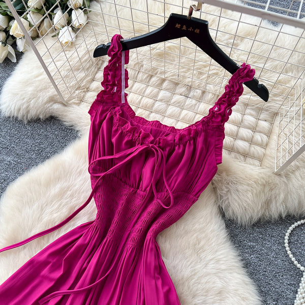 Lace-Up Strappy Ruffle-Trimmed Tiered A-Line Maxi Dress for Summer