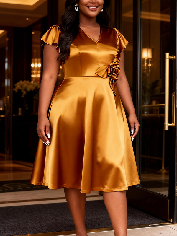 Plus Size Gold Floral V-Neck Ruffle Formal Dress for Evening Events