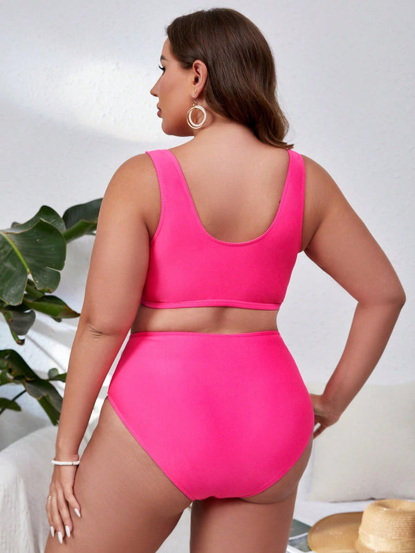 Plus Size V-Neck Colorblock High-Waist Two-Piece Bikini