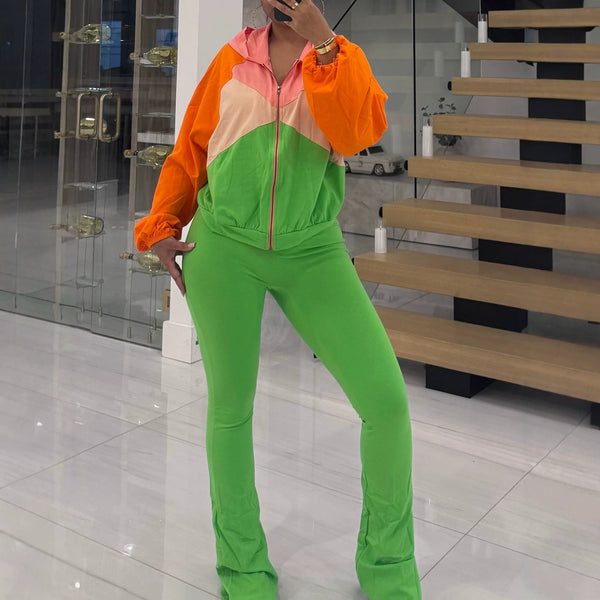 Color-Blocked Zipper Long-Sleeve Jacket & Pants Two-Piece Set for Casual Wear