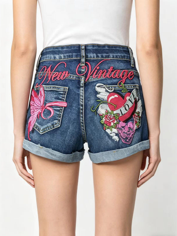 Embroidered Butterfly Heart Print Denim Shorts for Casual Streetwear
