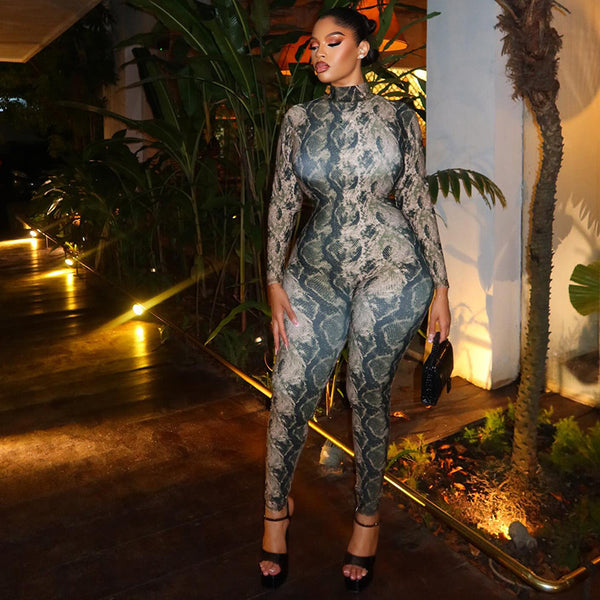 Retro Printed High Neck Long Sleeve Jumpsuit for Casual Wear