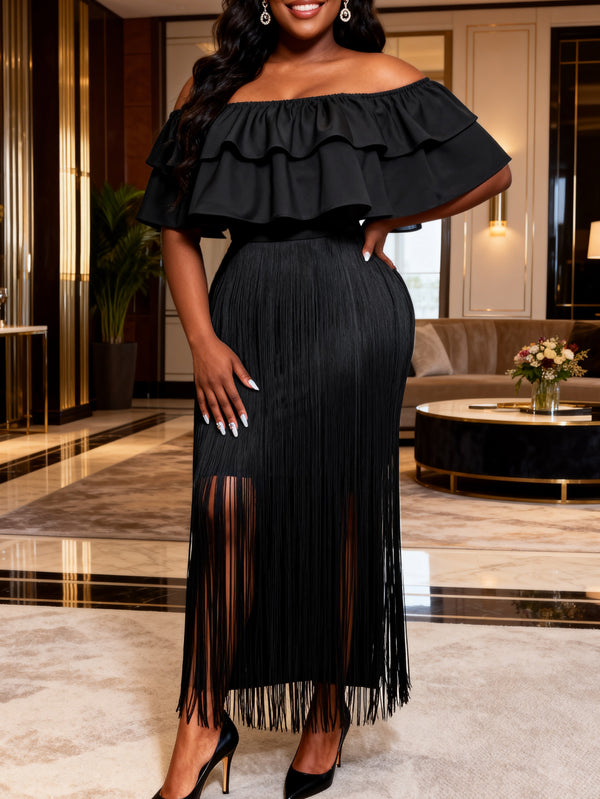 Plus Size African Yellow Off-Shoulder Fringed Ruffled Maxi Dress for Formal Parties