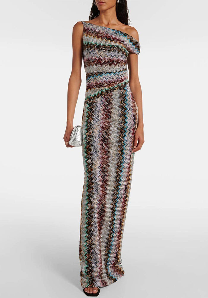 Slash Shoulder Knitted Print Dress for Spring/Summer Holidays