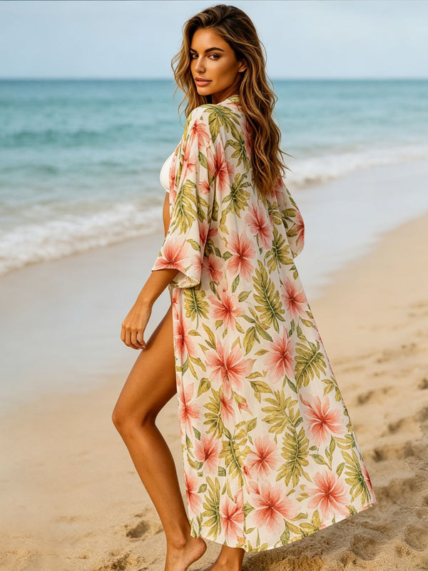 Tropical Hibiscus Print Open Front Cardigan Cover-Up Dress for Beachwear