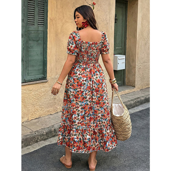 Plus Size Women Floral Square Neck Puff Sleeve Maxi Dress