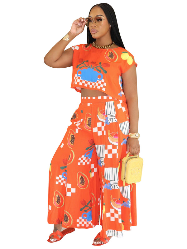 Printed Top & Straight Pants Two-Piece Set for Spring/Summer Casual