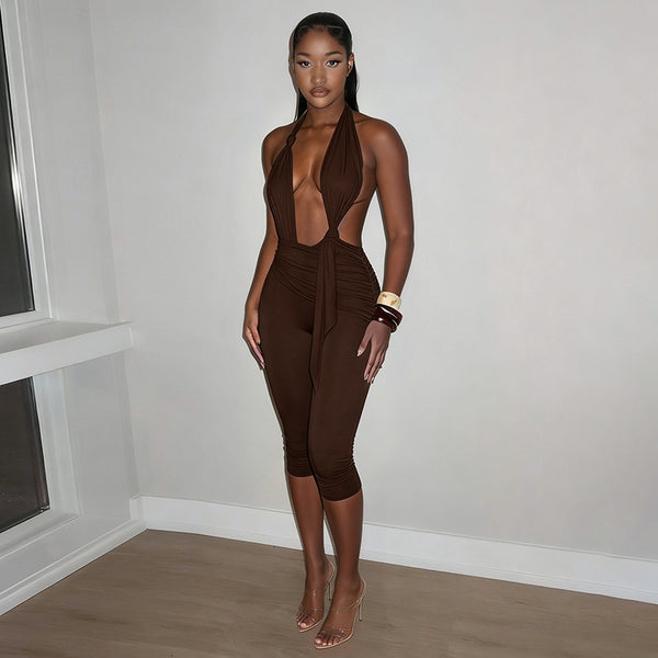 Solid Halter Tie Knot Low Back Cropped Jumpsuit for Summer