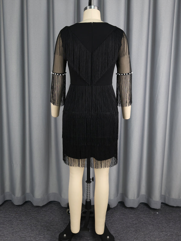 Black See-Through Beaded Tassel V-Neck Dress for Formal Parties