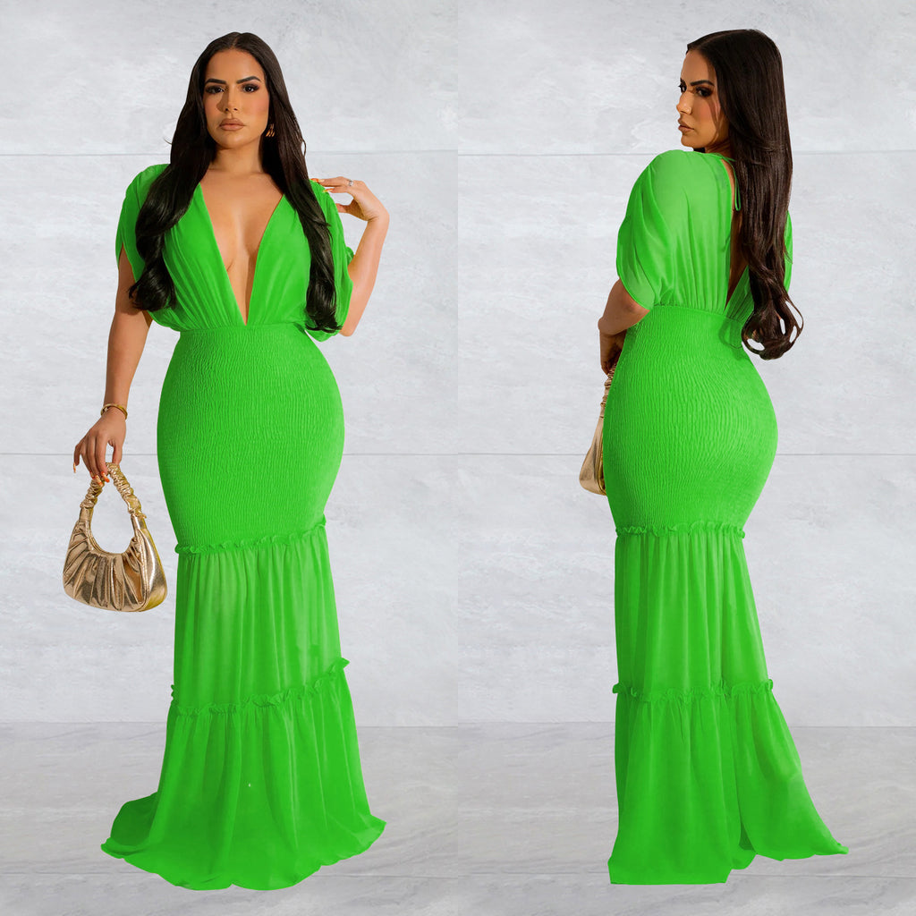 Women Solid Pleated V-Neck Sleeveless Maxi Dress