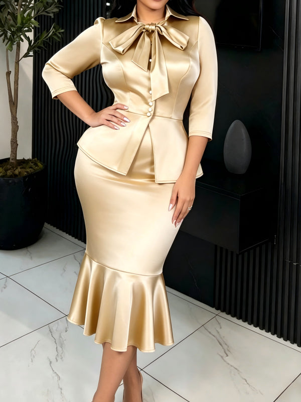 Bow Blazer & Bodycon Fishtail Skirt Two-Piece Set for Formal Events