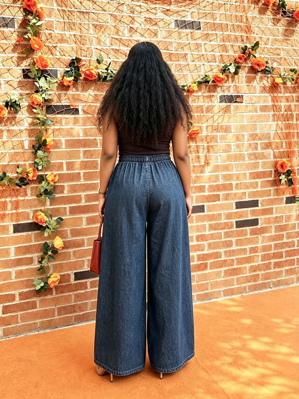 Drawstring Elastic-Waist Pleated Wide-Leg Washed Denim Pants for Casual Wear