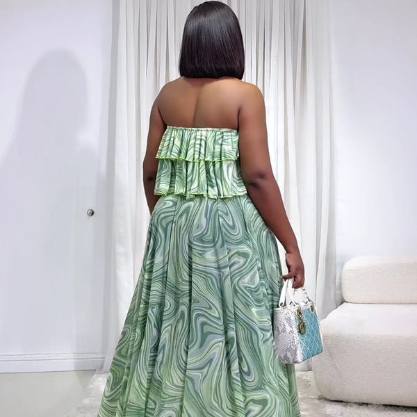 African Printed Off-Shoulder Crop Top & Pleated Skirt Set for Summer