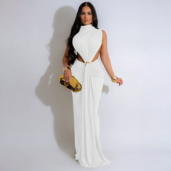 High Neck Metal Detail Cut-Out Bodycon Dress for Summer Clubbing
