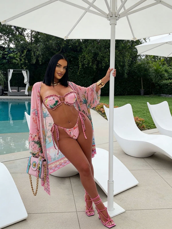 Pink Printed Three-Piece Swimsuit for Holiday Sun Protection
