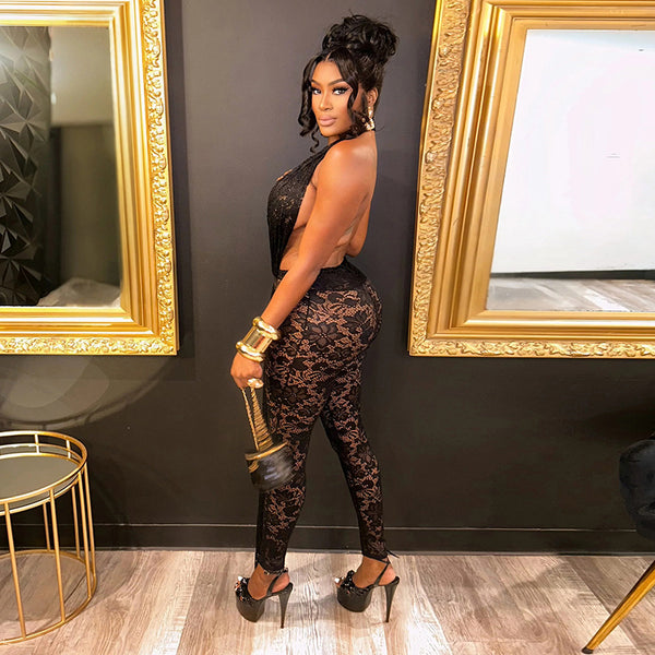 Women Spring/Summer Cross-Strap Halter Neck Sexy Backless See-Through Lace Jumpsuit