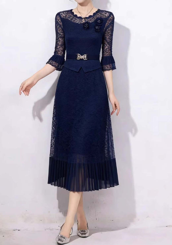 Plus Size Women Pleated Lace Floral Maxi Dress