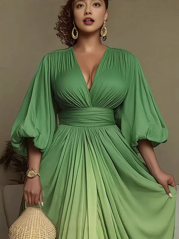 V-Neck Printed Pleated Flared Dress for Summer Casual Wear