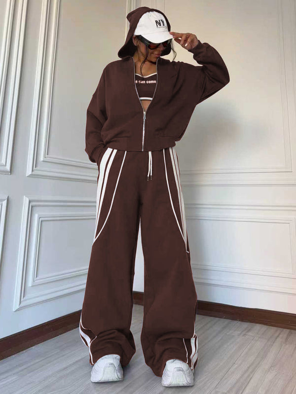 Color-Blocked Hooded Zipper Long-Sleeve Top & Wide-Leg Pants Set