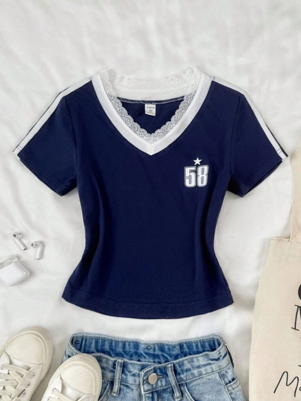 Printed Color-Block Lace Patchwork V-Neck T-Shirt for Activewear