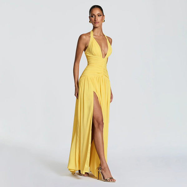 V-Neck Lace-Up Slit Dress for Spring & Summer Outings