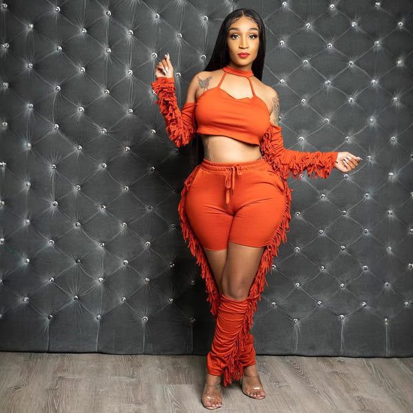Hollow-Out Halter Tassel Top & Pants Set for Party Wear