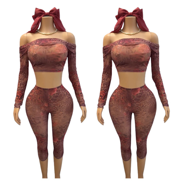 Mesh Printed Long Sleeve Off-Shoulder Top & Capri Pants Set for Casual Wear