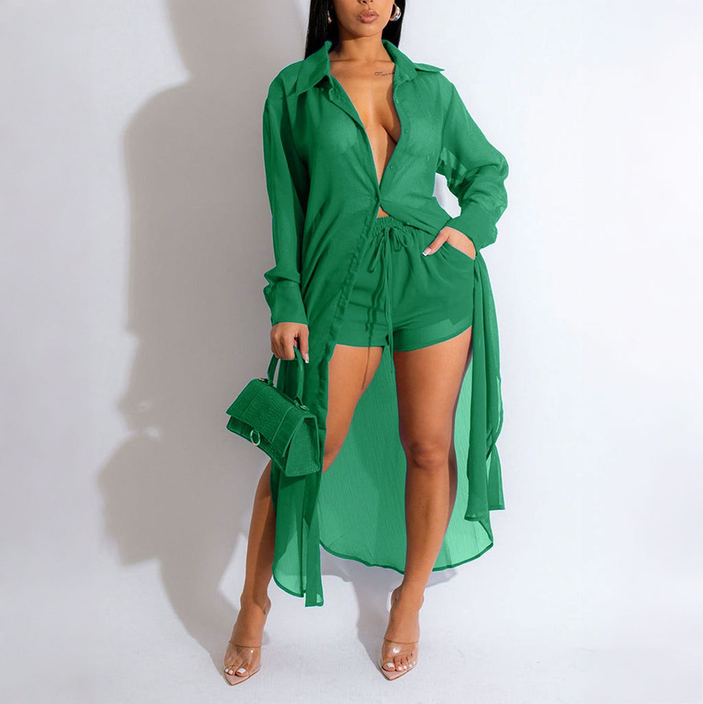 See-Through Button-Down Shirt & Shorts Set