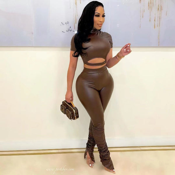 Tight-Fitting PU Leather Open Waist Pants Set for Spring Clubwear