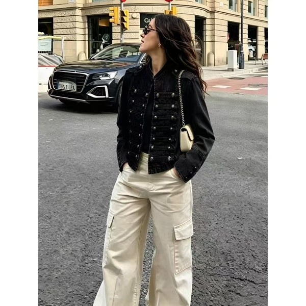 Stand Collar Button Detail Long Sleeve Denim Jacket for Spring & Autumn