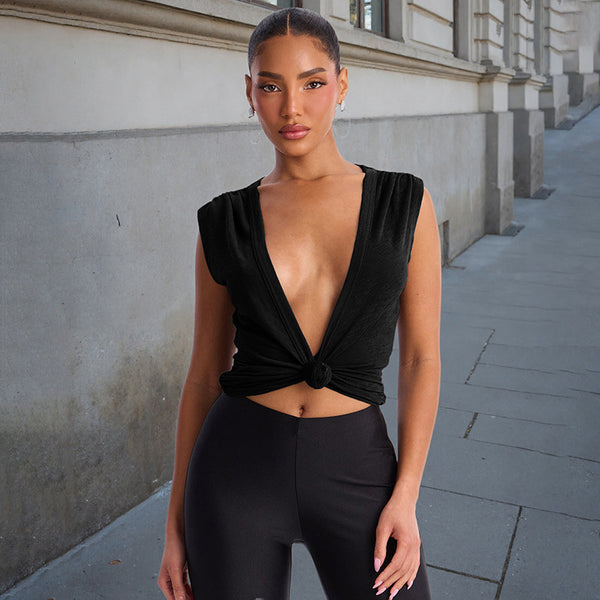 V-Neck Knot Front Sleeveless Crop Top for Spring & Summer