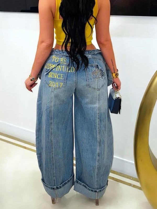 High-Waist Graffiti Washed Wide-Leg Denim Pants for Streetwear