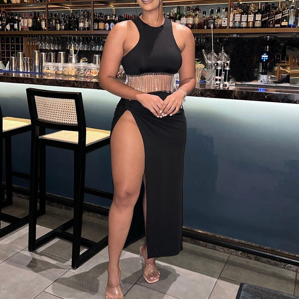 Chain-Decorated Top & Slit Skirt Set for Spring Parties