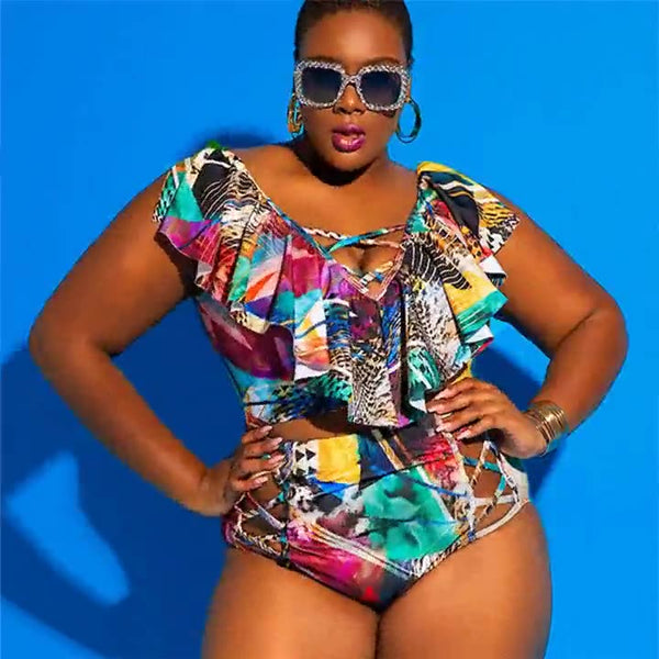 Plus Size Ruffled Printed High Waist Off-Shoulder Two-Piece Bikini