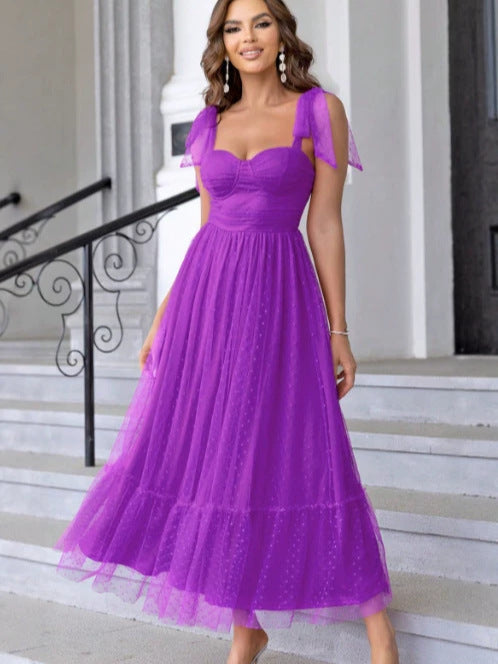 Solid Mesh Strap Dress for Evening Parties