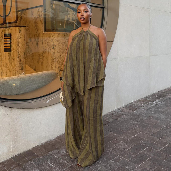 Women Spring Halter Neck Sleeveless Irregular Top and Wide-Leg Pants Two-Piece Set